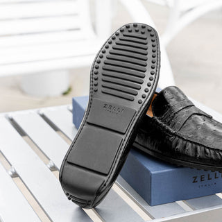 Zelli Italia Monza Men's Shoes Black Ostrich Skin Driver (ZEL1047)-AmbrogioShoes