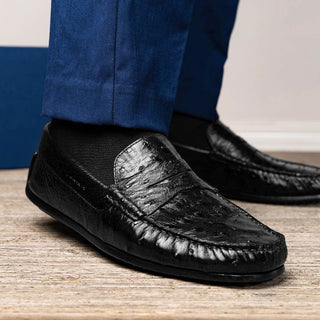 Zelli Italia Monza Men's Shoes Black Ostrich Skin Driver (ZEL1047)-AmbrogioShoes