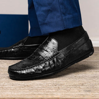 Zelli Italia Monza Men's Shoes Black Ostrich Skin Driver (ZEL1047)-AmbrogioShoes