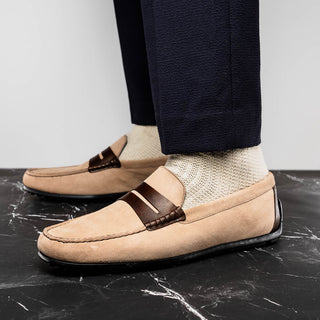 Zelli Italia Monza Men's Shoes Bone & Chestnut Calf-Skin Suede Driver (ZEL1045)-AmbrogioShoes