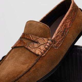 Zelli Italia Monza Men's Shoes Cognac Calf-Skin Suede & Crocodile Skin Driver (ZEL1044)-AmbrogioShoes