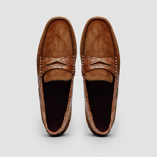 Zelli Italia Monza Men's Shoes Cognac Calf-Skin Suede & Crocodile Skin Driver (ZEL1044)-AmbrogioShoes