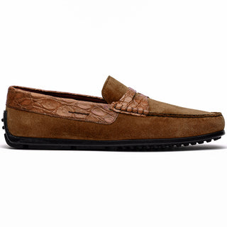 Zelli Italia Monza Men's Shoes Cognac Calf-Skin Suede & Crocodile Skin Driver (ZEL1044)-AmbrogioShoes