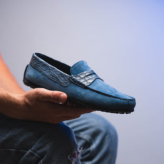Zelli Italia Monza Men's Shoes Denim Calf-Skin Suede & Crocodile Skin Driver (ZEL1044)-AmbrogioShoes