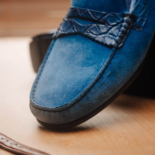 Zelli Italia Monza Men's Shoes Denim Calf-Skin Suede & Crocodile Skin Driver (ZEL1044)-AmbrogioShoes