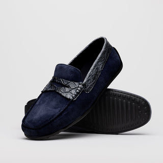 Zelli Italia Monza Men's Shoes Navy Calf-Skin Suede & Crocodile Skin Driver (ZEL1044)-AmbrogioShoes