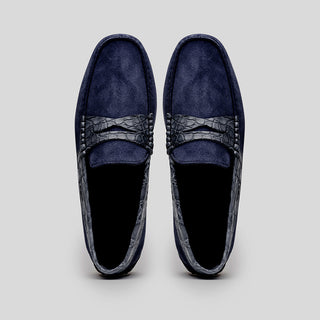 Zelli Italia Monza Men's Shoes Navy Calf-Skin Suede & Crocodile Skin Driver (ZEL1044)-AmbrogioShoes
