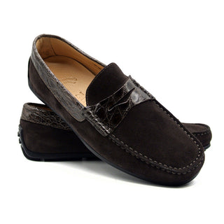 Zelli Italia Monza Men's Shoes Nicotine Calf-Skin Suede & Crocodile Skin Driver (ZEL1044)-AmbrogioShoes