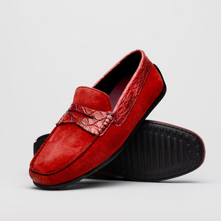 Zelli Italia Monza Men's Shoes Red Calf-Skin Suede & Crocodile Skin Driver (ZEL1044)-AmbrogioShoes