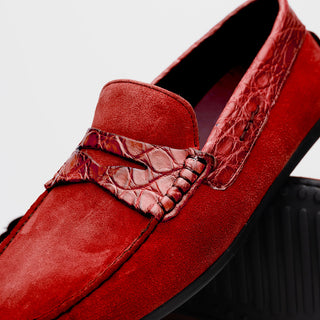 Zelli Italia Monza Men's Shoes Red Calf-Skin Suede & Crocodile Skin Driver (ZEL1044)-AmbrogioShoes