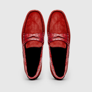 Zelli Italia Monza Men's Shoes Red Calf-Skin Suede & Crocodile Skin Driver (ZEL1044)-AmbrogioShoes