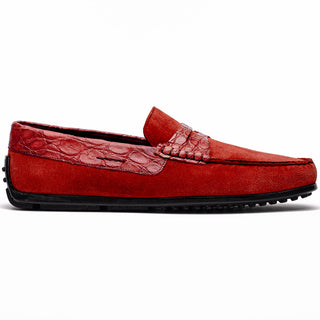 Zelli Italia Monza Men's Shoes Red Calf-Skin Suede & Crocodile Skin Driver (ZEL1044)-AmbrogioShoes