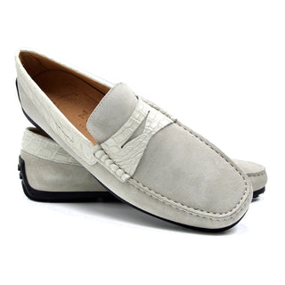 Zelli Italia Monza Men's Shoes White Calf-Skin Suede & Crocodile Skin Driver (ZEL1044)-AmbrogioShoes