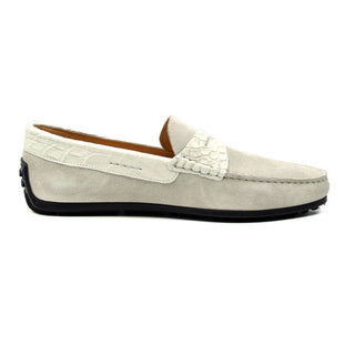 Zelli Italia Monza Men's Shoes White Calf-Skin Suede & Crocodile Skin Driver (ZEL1044)-AmbrogioShoes
