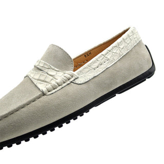 Zelli Italia Monza Men's Shoes White Calf-Skin Suede & Crocodile Skin Driver (ZEL1044)-AmbrogioShoes