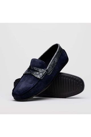 Zelli Italia Monza Navy Calf-Skin Suede & Crocodile Skin Driver (ZEL1044)-AmbrogioShoes