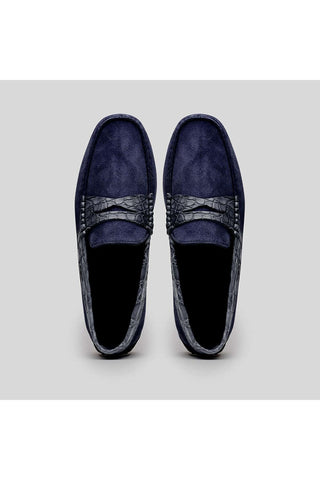 Zelli Italia Monza Navy Calf-Skin Suede & Crocodile Skin Driver (ZEL1044)-AmbrogioShoes