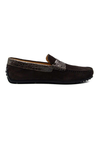 Zelli Italia Monza Nicotine Calf-Skin Suede & Crocodile Skin Driver (ZEL1044)-AmbrogioShoes