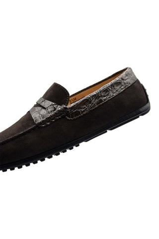 Zelli Italia Monza Nicotine Calf-Skin Suede & Crocodile Skin Driver (ZEL1044)-AmbrogioShoes