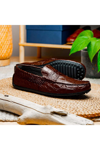 Zelli Italia Monza Nicotine Crocodile Skin Driver (ZEL1043)-AmbrogioShoes