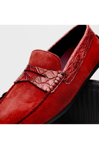 Zelli Italia Monza Red Calf-Skin Suede & Crocodile Skin Driver (ZEL1044)-AmbrogioShoes