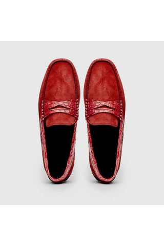 Zelli Italia Monza Red Calf-Skin Suede & Crocodile Skin Driver (ZEL1044)-AmbrogioShoes