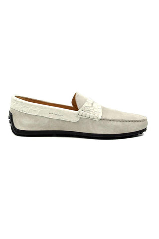 Zelli Italia Monza White Calf-Skin Suede & Crocodile Skin Driver (ZEL1044)-AmbrogioShoes