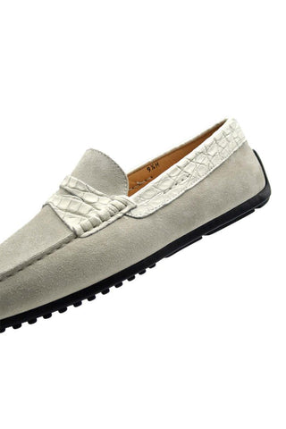 Zelli Italia Monza White Calf-Skin Suede & Crocodile Skin Driver (ZEL1044)-AmbrogioShoes