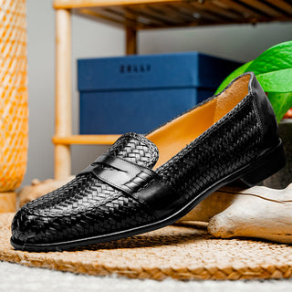 Zelli Italia Nicola Men's Shoes Black Woven Calf-Skin Leather Penny Loafer (ZEL1021)-AmbrogioShoes