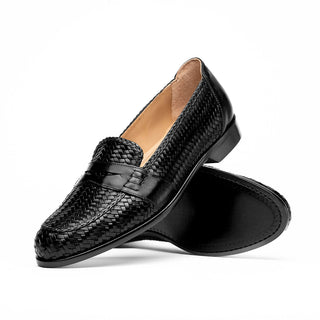 Zelli Italia Nicola Men's Shoes Black Woven Calf-Skin Leather Penny Loafer (ZEL1021)-AmbrogioShoes