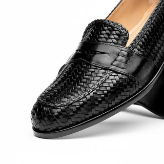 Zelli Italia Nicola Men's Shoes Black Woven Calf-Skin Leather Penny Loafer (ZEL1021)-AmbrogioShoes