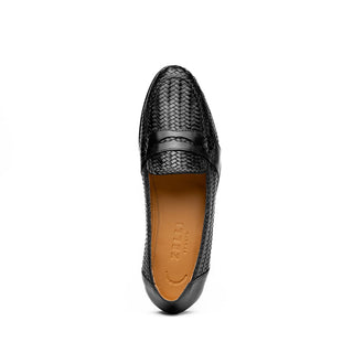 Zelli Italia Nicola Men's Shoes Black Woven Calf-Skin Leather Penny Loafer (ZEL1021)-AmbrogioShoes