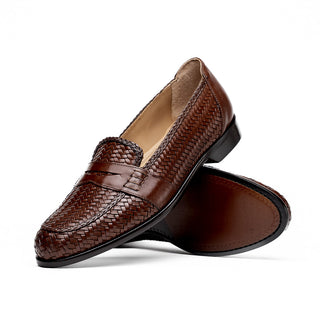Zelli Italia Nicola Men's Shoes Brown Woven Calf-Skin Leather Penny Loafer (ZEL1021)-AmbrogioShoes