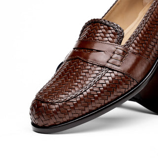 Zelli Italia Nicola Men's Shoes Brown Woven Calf-Skin Leather Penny Loafer (ZEL1021)-AmbrogioShoes
