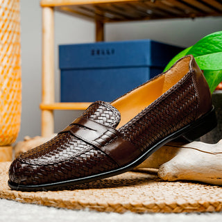 Zelli Italia Nicola Men's Shoes Brown Woven Calf-Skin Leather Penny Loafer (ZEL1021)-AmbrogioShoes