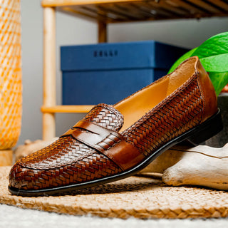 Zelli Italia Nicola Men's Shoes Cognac Woven Calf-Skin Leather Penny Loafer (ZEL1021)-AmbrogioShoes