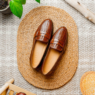 Zelli Italia Nicola Men's Shoes Cognac Woven Calf-Skin Leather Penny Loafer (ZEL1021)-AmbrogioShoes