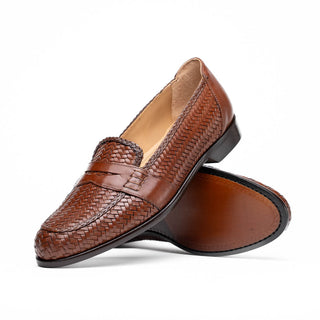 Zelli Italia Nicola Men's Shoes Cognac Woven Calf-Skin Leather Penny Loafer (ZEL1021)-AmbrogioShoes