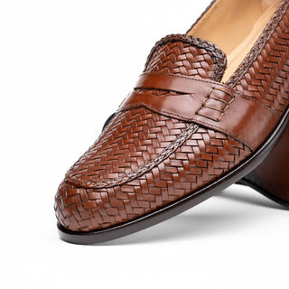 Zelli Italia Nicola Men's Shoes Cognac Woven Calf-Skin Leather Penny Loafer (ZEL1021)-AmbrogioShoes