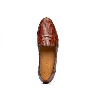 Zelli Italia Nicola Men's Shoes Cognac Woven Calf-Skin Leather Penny Loafer (ZEL1021)-AmbrogioShoes