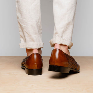 Zelli Italia Nicola Men's Shoes Cognac Woven Calf-Skin Leather Penny Loafer (ZEL1021)-AmbrogioShoes