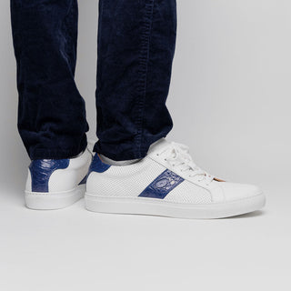 Zelli Italia Olympias Men's Shoes White & Navy Crocodile Skin / Calf-Skin Leather Sneaker (ZEL1057)-AmbrogioShoes