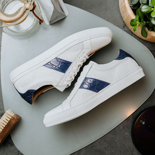 Zelli Italia Olympias Men's Shoes White & Navy Crocodile Skin / Calf-Skin Leather Sneaker (ZEL1057)-AmbrogioShoes