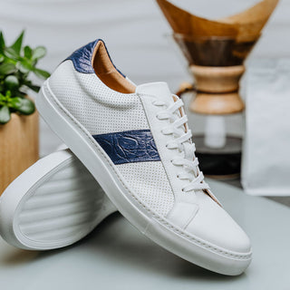 Zelli Italia Olympias Men's Shoes White & Navy Crocodile Skin / Calf-Skin Leather Sneaker (ZEL1057)-AmbrogioShoes