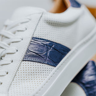 Zelli Italia Olympias Men's Shoes White & Navy Crocodile Skin / Calf-Skin Leather Sneaker (ZEL1057)-AmbrogioShoes