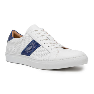 Zelli Italia Olympias Men's Shoes White & Navy Crocodile Skin / Calf-Skin Leather Sneaker (ZEL1057)-AmbrogioShoes