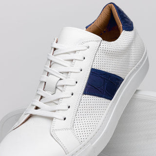 Zelli Italia Olympias Men's Shoes White & Navy Crocodile Skin / Calf-Skin Leather Sneaker (ZEL1057)-AmbrogioShoes