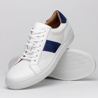 Zelli Italia Olympias Men's Shoes White & Navy Crocodile Skin / Calf-Skin Leather Sneaker (ZEL1057)-AmbrogioShoes