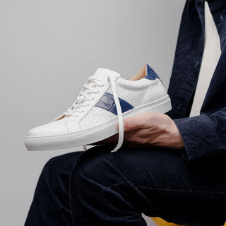 Zelli Italia Olympias Men's Shoes White & Navy Crocodile Skin / Calf-Skin Leather Sneaker (ZEL1057)-AmbrogioShoes