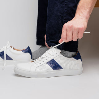 Zelli Italia Olympias Men's Shoes White & Navy Crocodile Skin / Calf-Skin Leather Sneaker (ZEL1057)-AmbrogioShoes